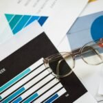 Close-up of eyeglasses resting on financial documents with various charts and graphs.