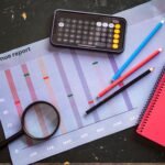 Flat lay of revenue report with a calculator, pencils, and notebook.